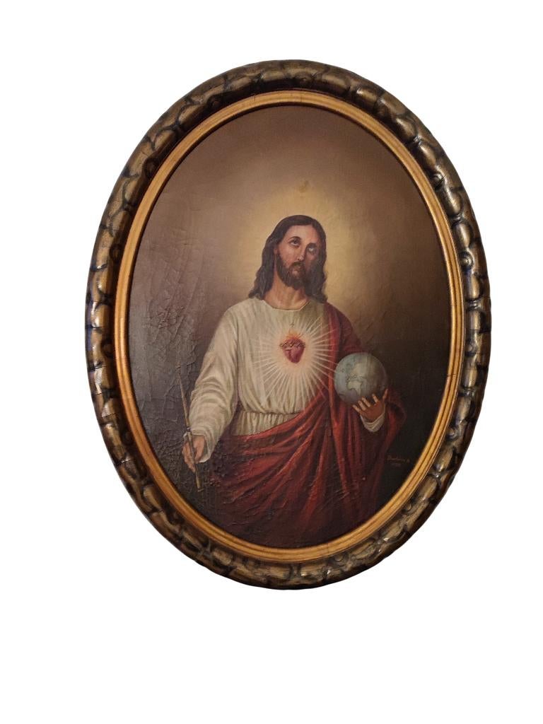 Oude religieuze ovale schildering, Sacré-Coeur, olieverf, Antiek en Kunst, Ophalen of Verzenden