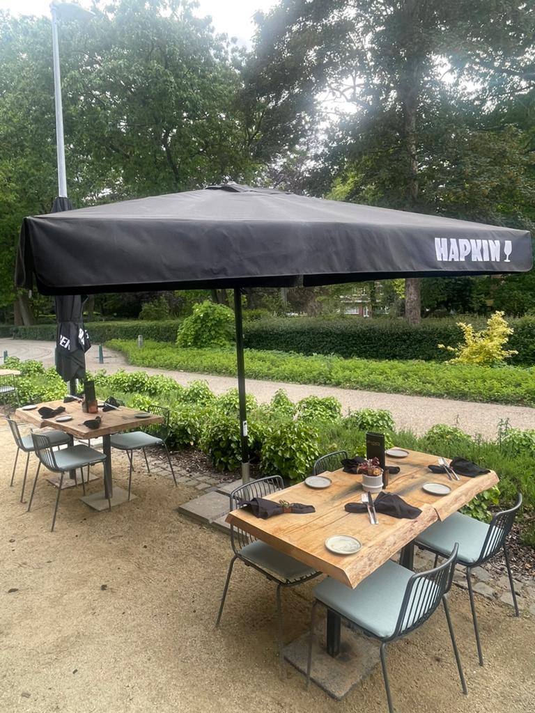 Professionele Horeca Parasols 300x300 cm - voet inbegrepen, Ophalen, Zo goed als nieuw, 3 tot 4 meter, Waterdicht
