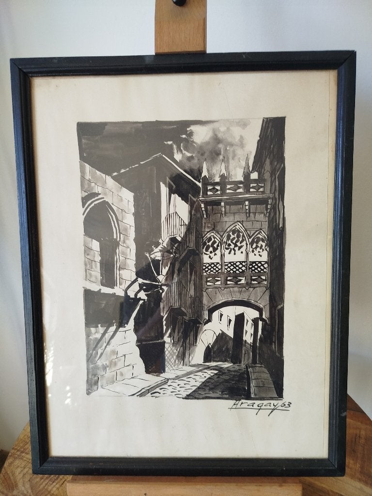 Pentekening Chinese inkt in kader J.Aragay– Ponte del bisbe, Antiek en Kunst, Kunst | Tekeningen en Fotografie, Ophalen of Verzenden