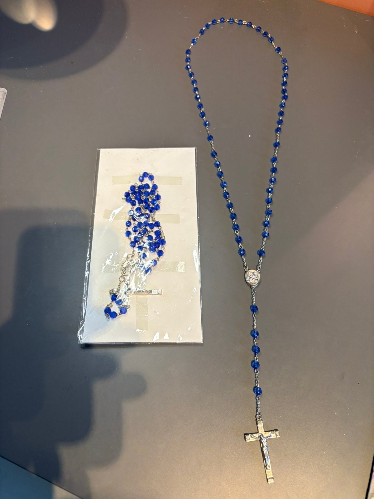 (H.1.1)rozenkransen blauwe kralen Maria crucifix religieus, Verzenden, Gebruikt, Zilver