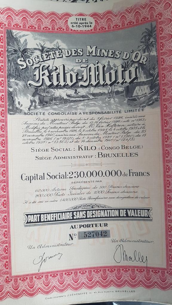 Sc des mines d or de kilo-moto titre du Congobelge 127pièces, Enlèvement ou Envoi