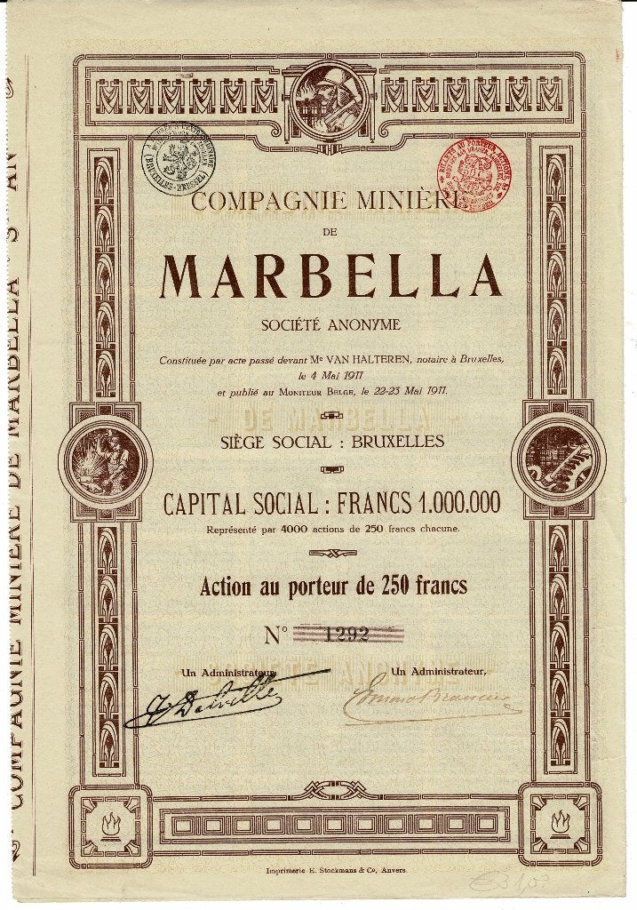 Compagnie Minière de Marbella -Bruxelles 1911- Acción 250 fr, Envoi, Avant 1920, Action