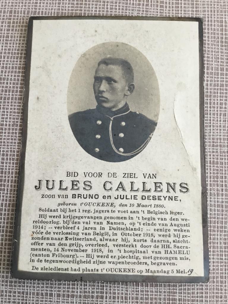 Soldaat J.Callens Oekene +1918 als krijgsgevangene WOI, Verzamelen, Bidprentjes en Rouwkaarten, Verzenden, Bidprentje