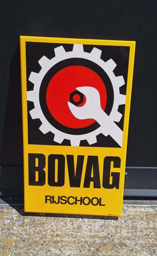 Vintage Emaille Bovag Rijschool bord, Langcat Bussum., Verzamelen, Ophalen of Verzenden, Gebruikt, Reclamebord