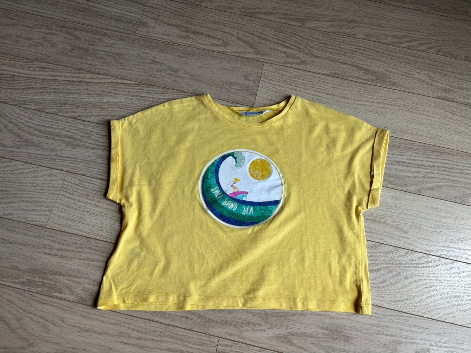 Gele T shirt Mayoral, Kinderen en Baby's, Kinderkleding | Maat 128, Verzenden, Gebruikt, Meisje, Shirt of Longsleeve
