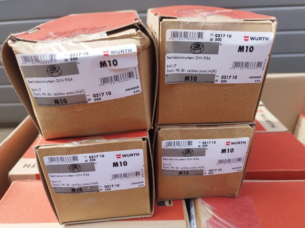 Zeskantmoer M10 - DIN 934 - verzinkt - 500 stuks - Wurth, Bricolage & Construction, Quincaillerie & Fixations, Neuf, Moins de 50 mm