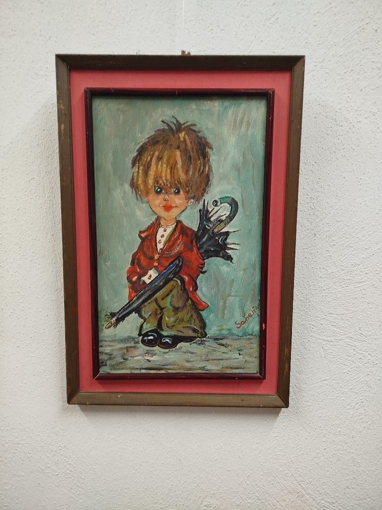 vintage schilderij "big eyes boy", Antiquités & Art, Curiosités & Brocante, Enlèvement ou Envoi
