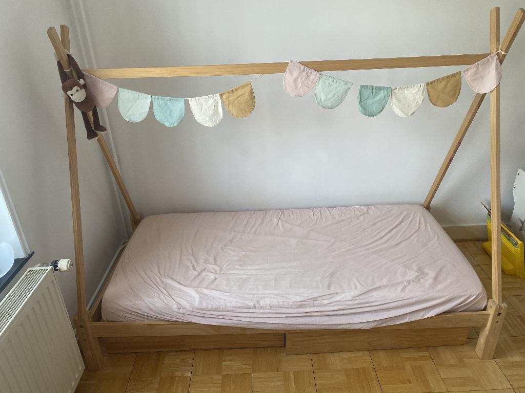 lit cabane / tipi avec 2 tiroirs, 85 à 100 cm, Sommier à lattes, Enlèvement, 180 cm ou plus
