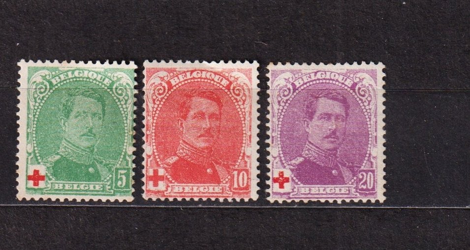 België 1914 OBP 129/131 Albert I, Spoor van plakker, Verzenden, Postfris, Rode kruis