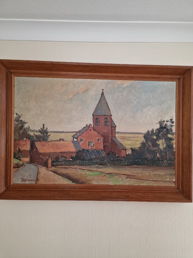 Groot Olieverfschilderij  – Dorpsgezicht door Jef Holemans, Ophalen, Paneel, Gesigneerd, Olieverf