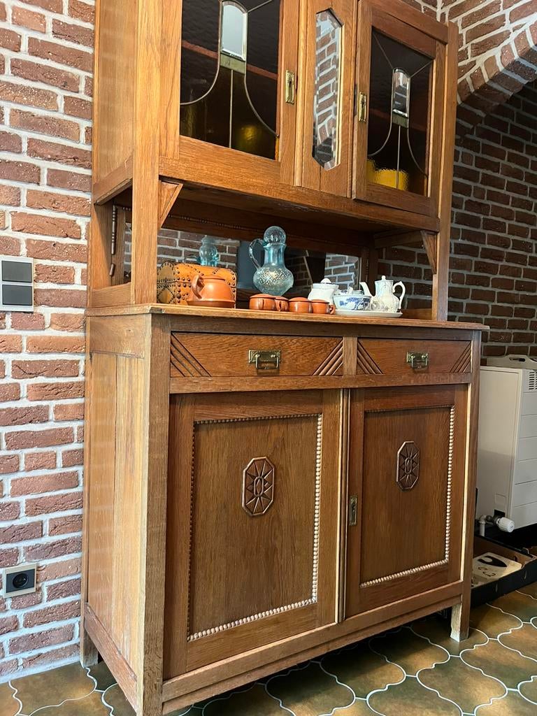 Antieke eikenhouten buffetkast met glas-in-lood, Ophalen