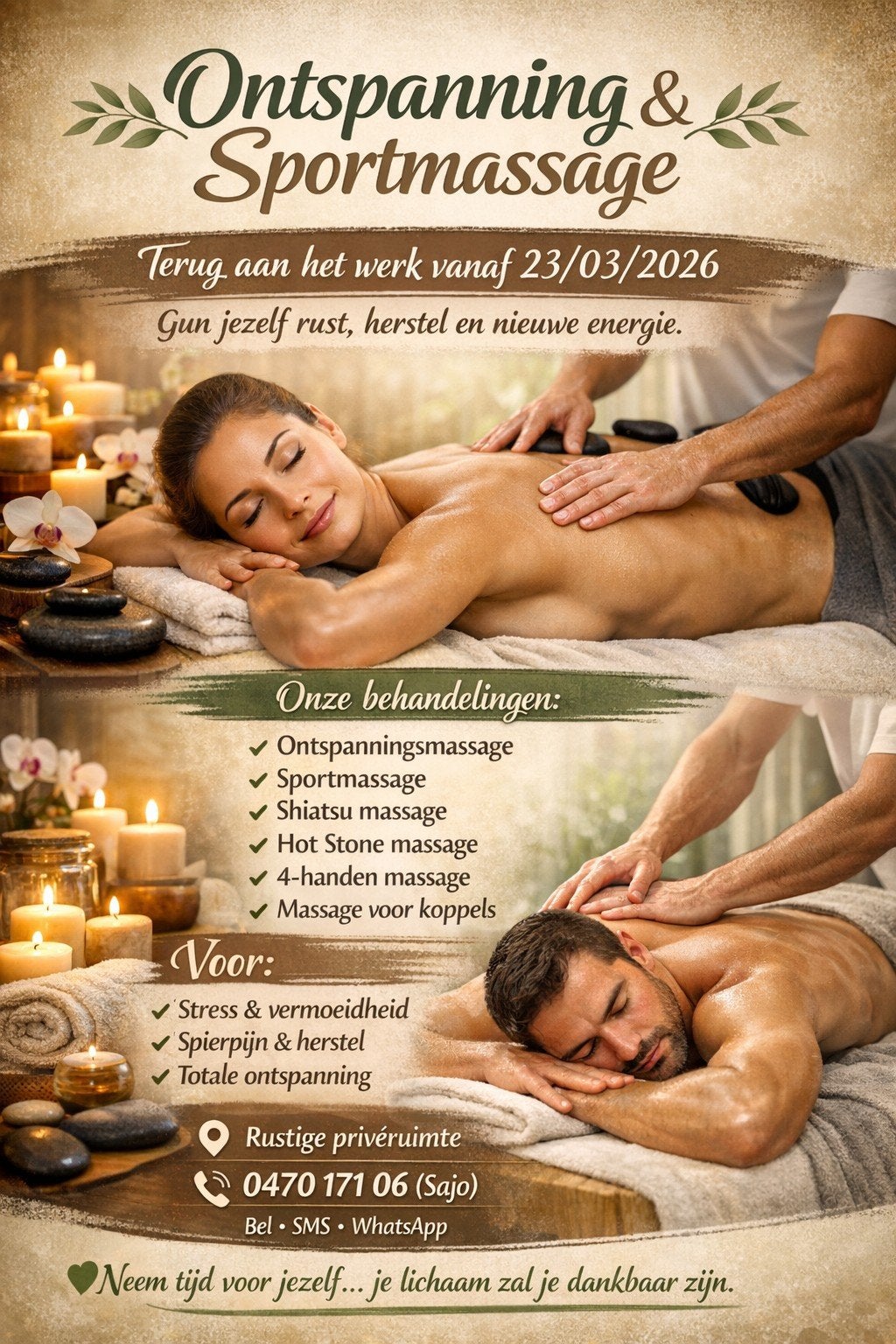 Verschillende massage op Maat ( stress. Vaste spieren..., Ontspanningsmassage