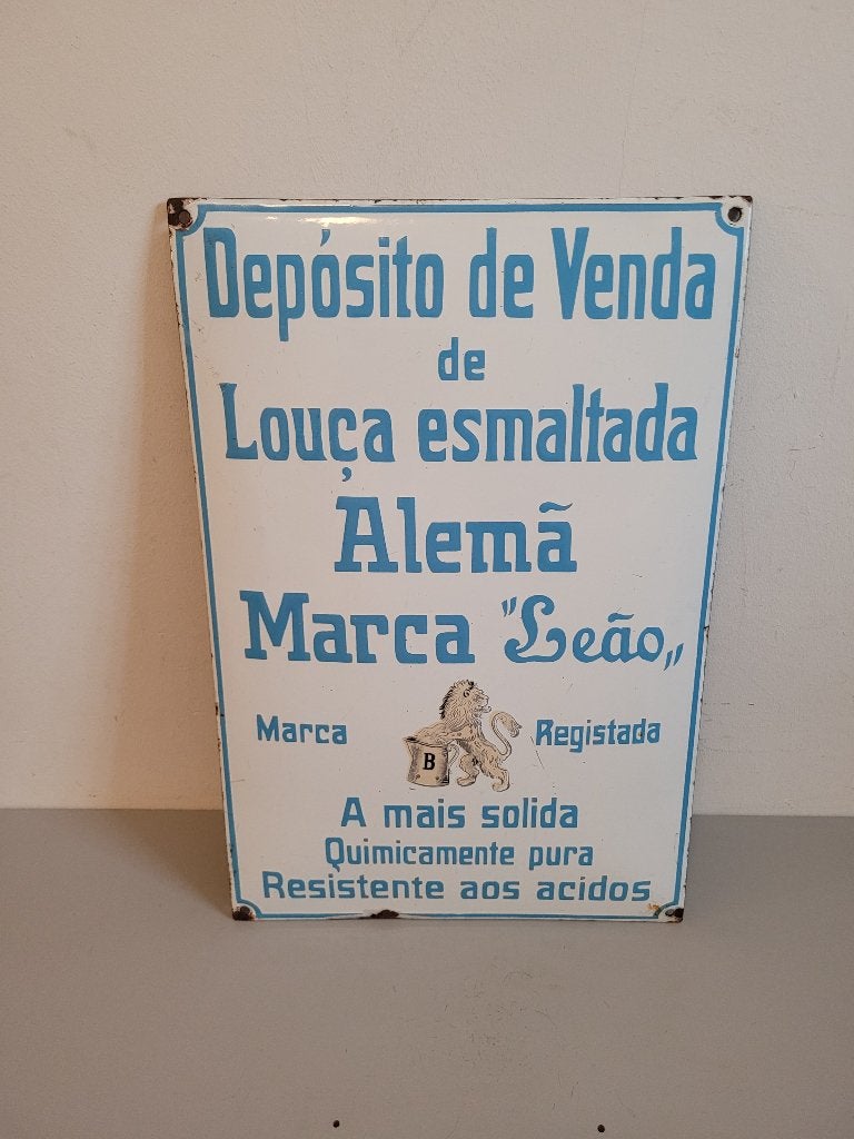 Portugees geëmailleerd reclameplaatje „Leao” Lion, Verzamelen, Ophalen of Verzenden, Gebruikt, Reclamebord