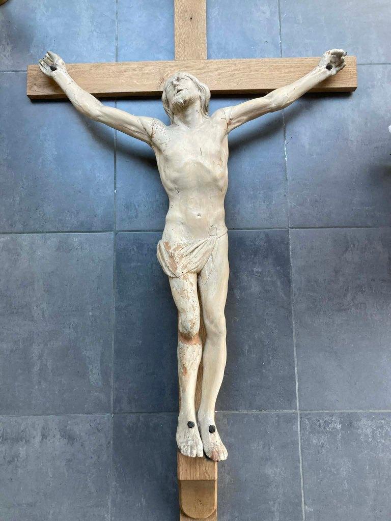 Groot houten Kruis met 19de eeuws Corpus (1m50), Antiek en Kunst, Ophalen