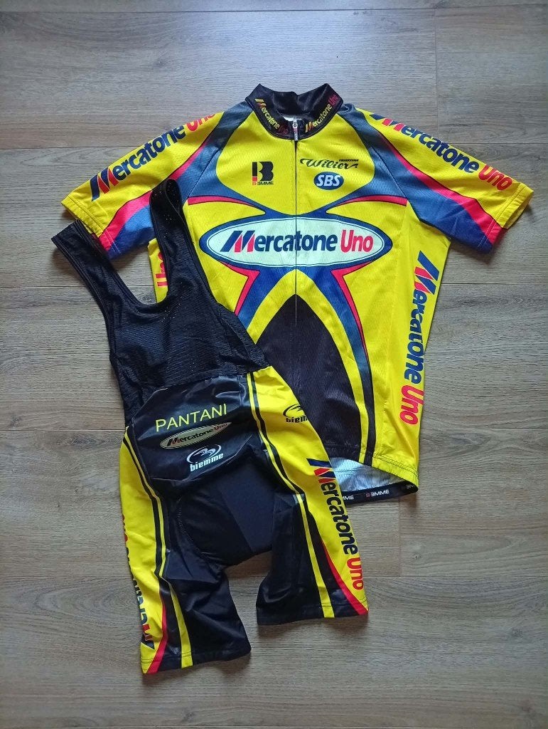 Wielertrui + broek Mercatone Uno 2002 Pantani, Fietsen en Brommers, Ophalen of Verzenden, Zo goed als nieuw, L, Heren