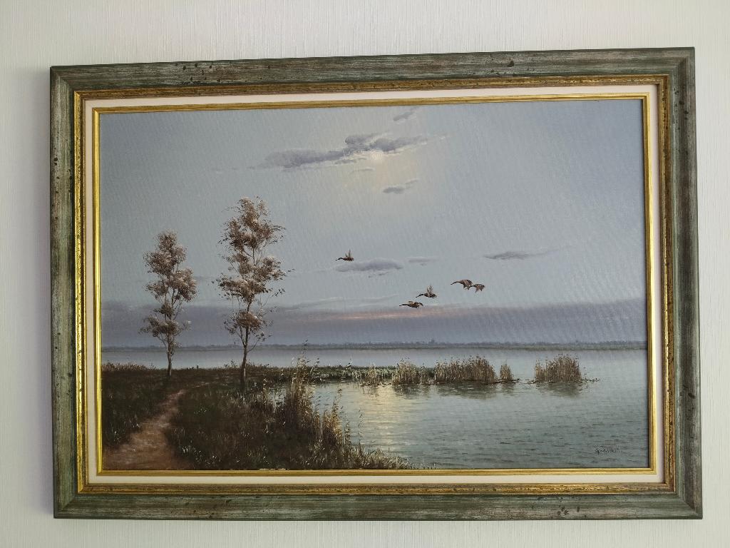 olieverfschilderij-overvliegende eenden ( G van de Velde), Antiek en Kunst, Kunst | Schilderijen | Klassiek, Ophalen