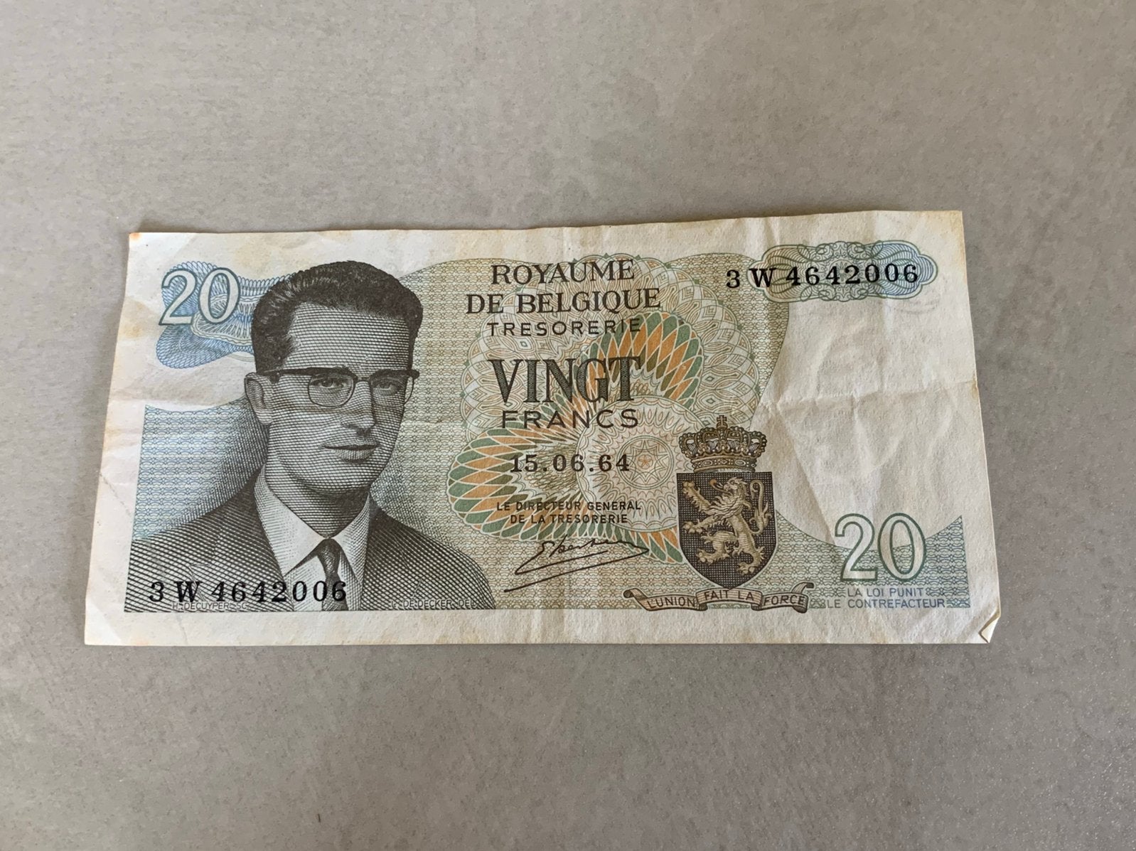 Oud bankbiljet 1964 20 francs frank Koning Boudewijn Royaume, Ophalen of Verzenden