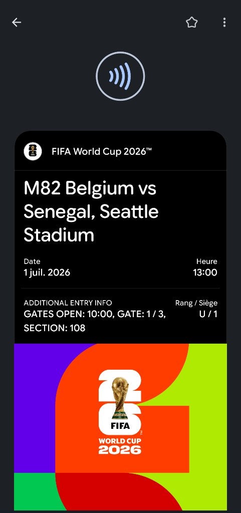 Belgique vs Senegal Billet coupe du monde M82 Seattle, Sport en Fitness, Voetbal, Ophalen, Nieuw, Overige typen
