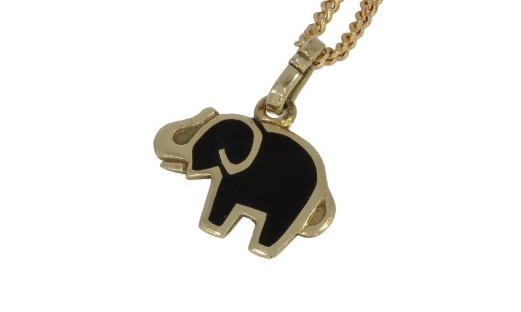 Olifant 14 karaats gouden ketting hanger met zwart emaille, Enlèvement ou Envoi, Comme neuf, Or, Avec pierre précieuse