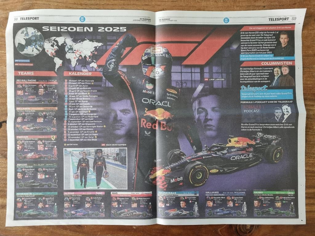 Formule 1-kalender 2025 met alle teams (2025), Verzamelen, Ophalen of Verzenden, Knipsel(s)