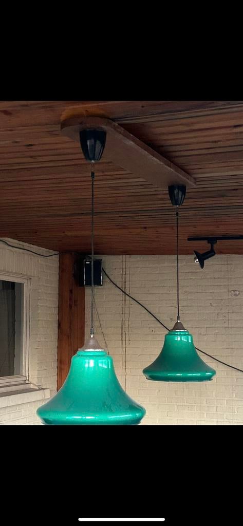 Retro hanglampen groen set van 2., Maison & Meubles, Lampes | Suspensions, Comme neuf, Verre, Enlèvement