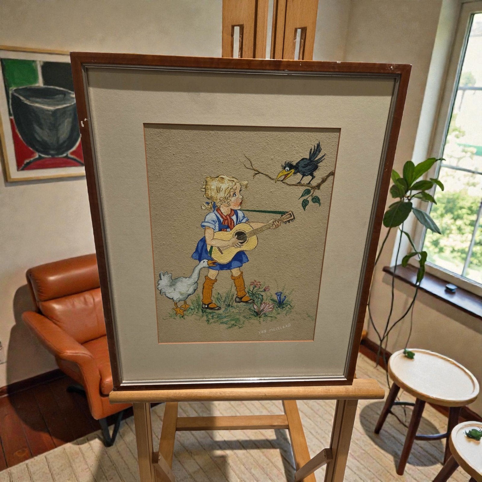 Prachtige, kleurrijke handgemaakte tekening onder glas, Gesigneerd, Ophalen of Verzenden