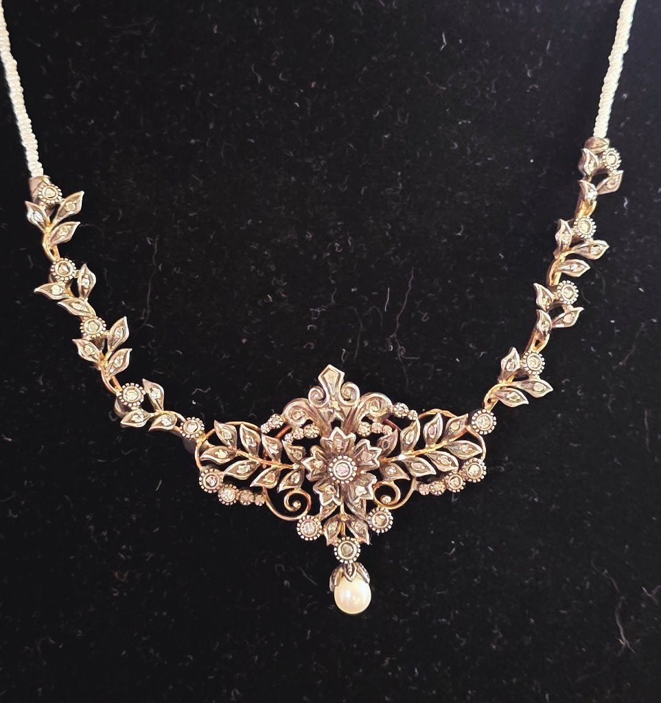 Antieke collier met FIJNE parels en diamanten,cert ALGT, Ophalen of Verzenden, Goud, Ketting, Met edelsteen