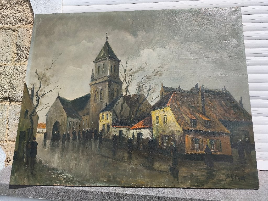 Huile sur toile village signe Gustave helinck, Ophalen, Doek