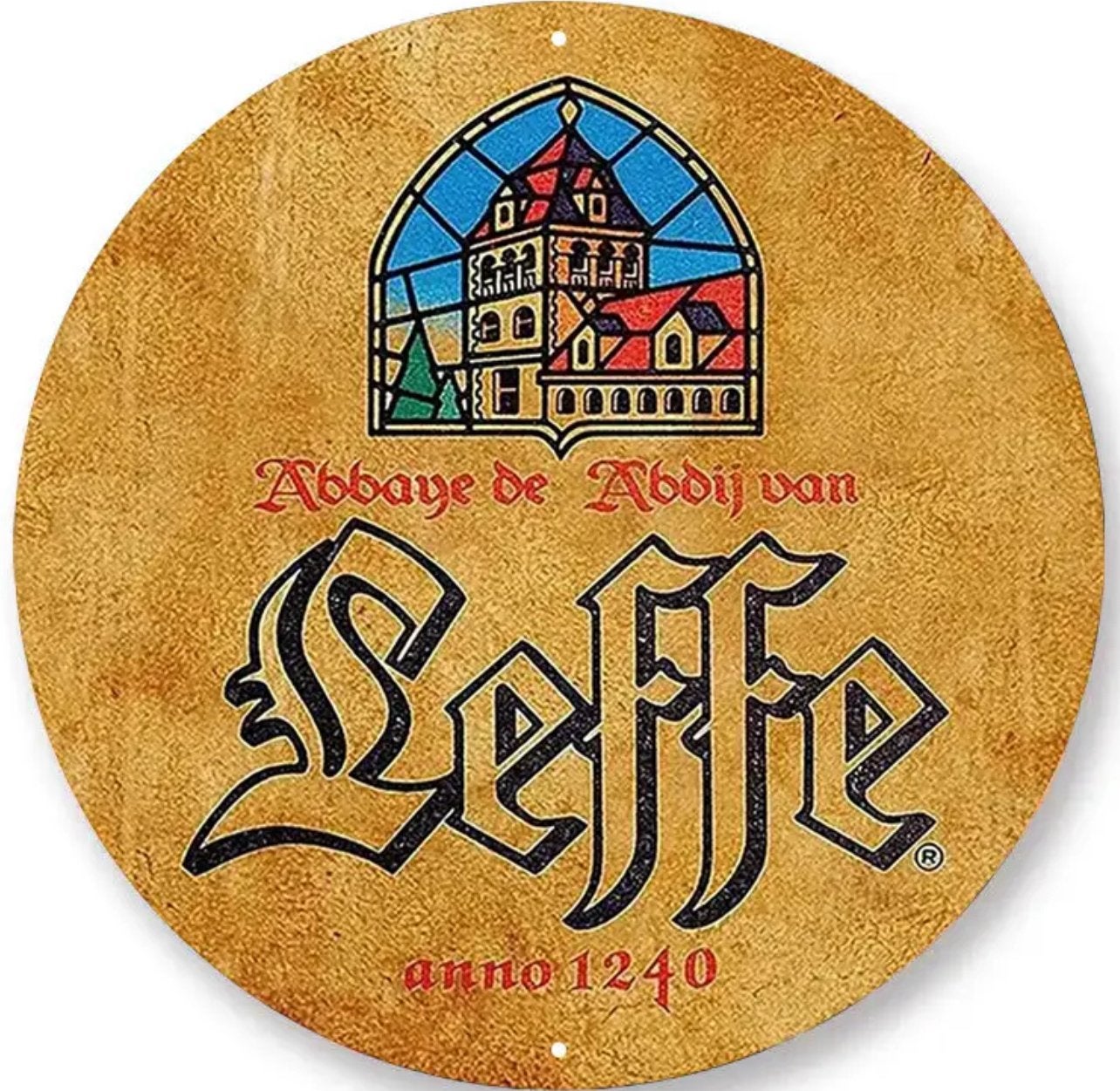 Panneau rond en métal Leffe 1240 - rétro vintage mancave, Enlèvement ou Envoi, Neuf, Panneau, Plaque ou Plaquette publicitaire