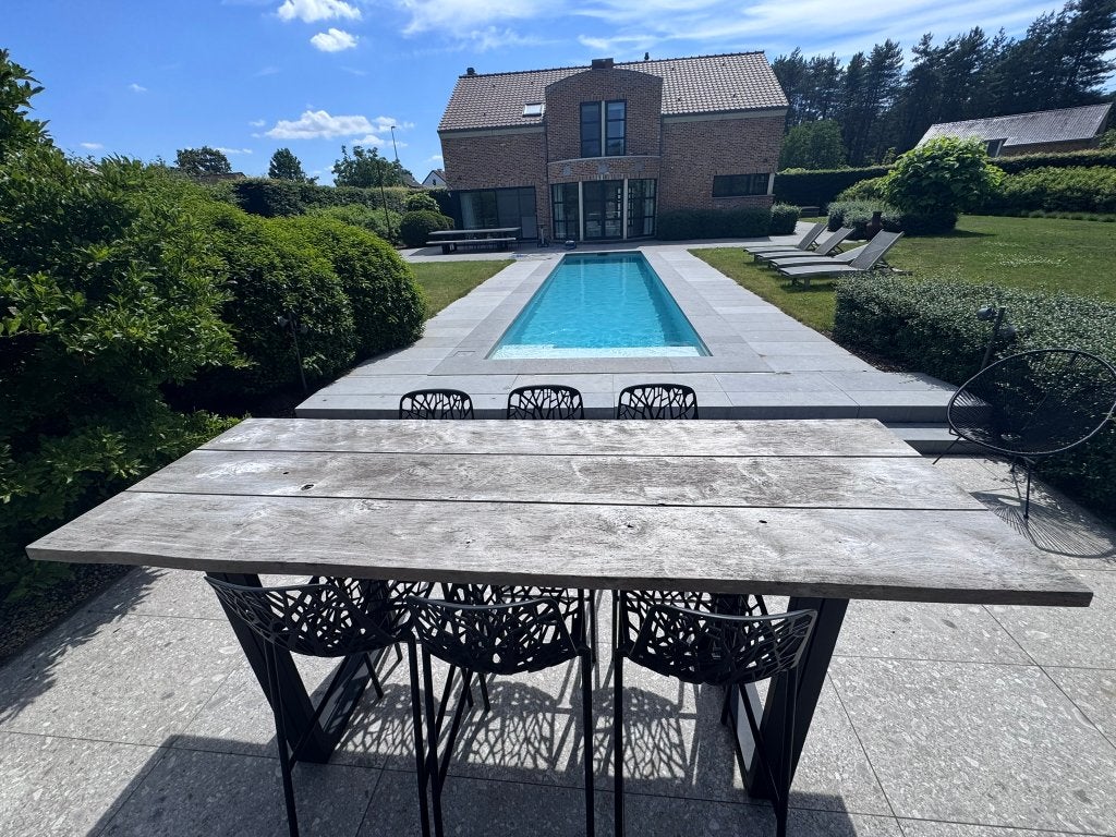 Hoge terras tafel en 6 stoelen, Tuin en Terras, Ophalen, Zo goed als nieuw, Rechthoekig, Hout