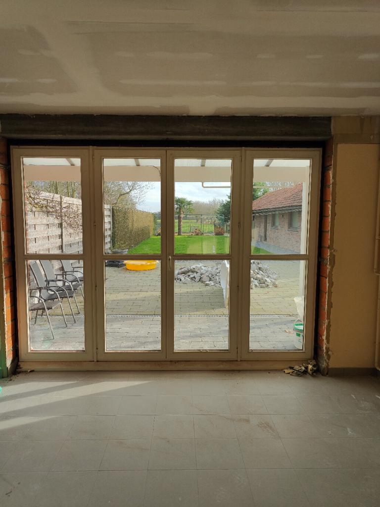 Dubbele terrasdeur in Meranti hout, Doe-het-zelf en Bouw, Ophalen, Gebruikt, 225 cm of meer, Overige typen