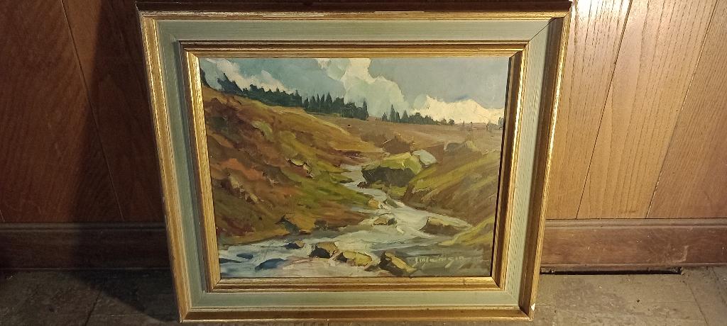 Peinture sur toile signée, rivière Ardennes, 60x52, n608, Enlèvement