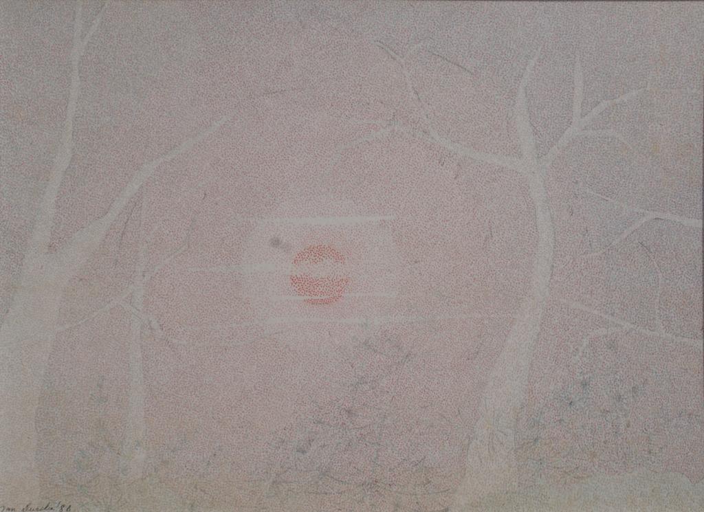 Jan Dierckx (1949-2018): Bos met rode zon 1986 (104 x 81 cm), Antiek en Kunst, Kunst | Schilderijen | Modern, Ophalen of Verzenden