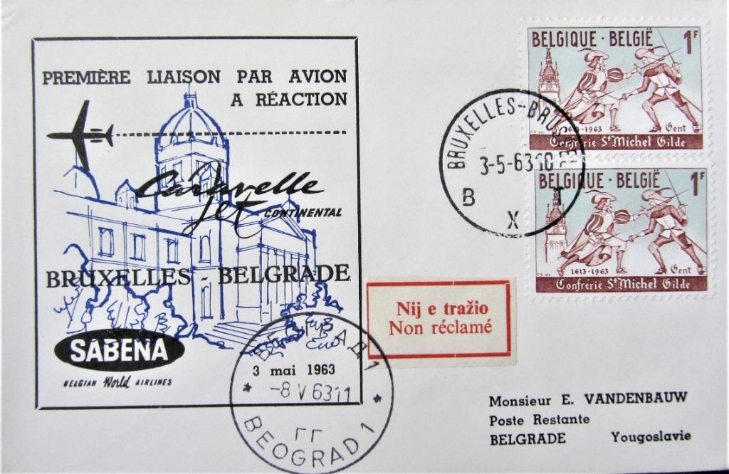 FDC SABENA- BRUSSEL- BELGRADO 1963, Enlèvement ou Envoi, Affranchi, Avions