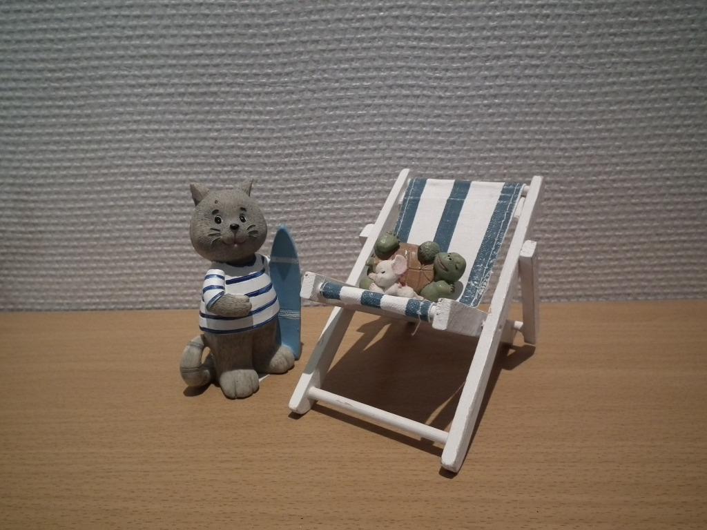 Chat à la plage avec transat, tortue & souris (impeccable), Envoi, Comme neuf, Chien ou Chat, Statue ou Figurine