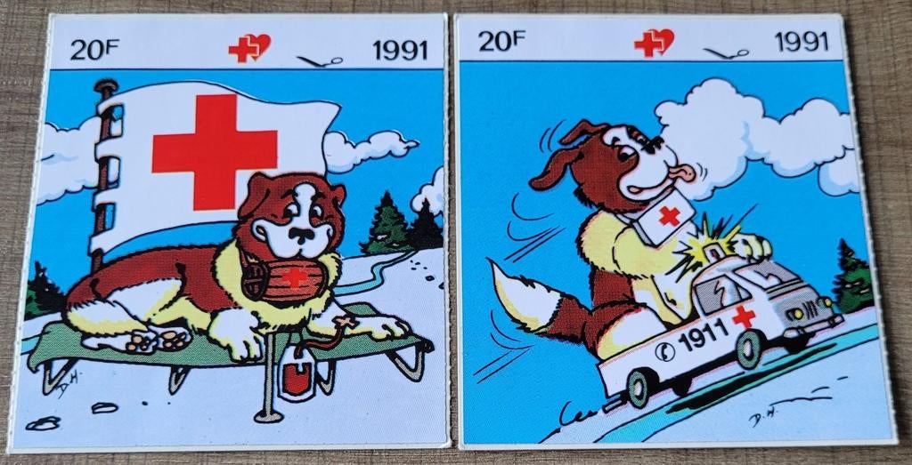 2 oude stickers: Rode Kruis 1991, Ophalen of Verzenden, Zo goed als nieuw, Bedrijf of Vereniging