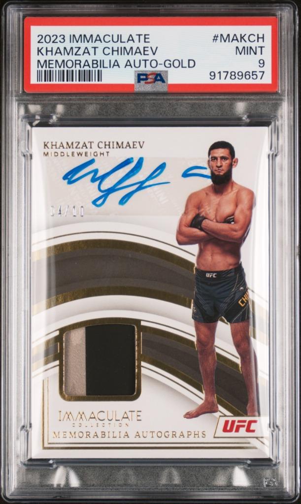 2023 UFC Khamzat Chimaev Gold /10 Auto Patch PSA 9, Ophalen of Verzenden, Nieuw, Plaatje