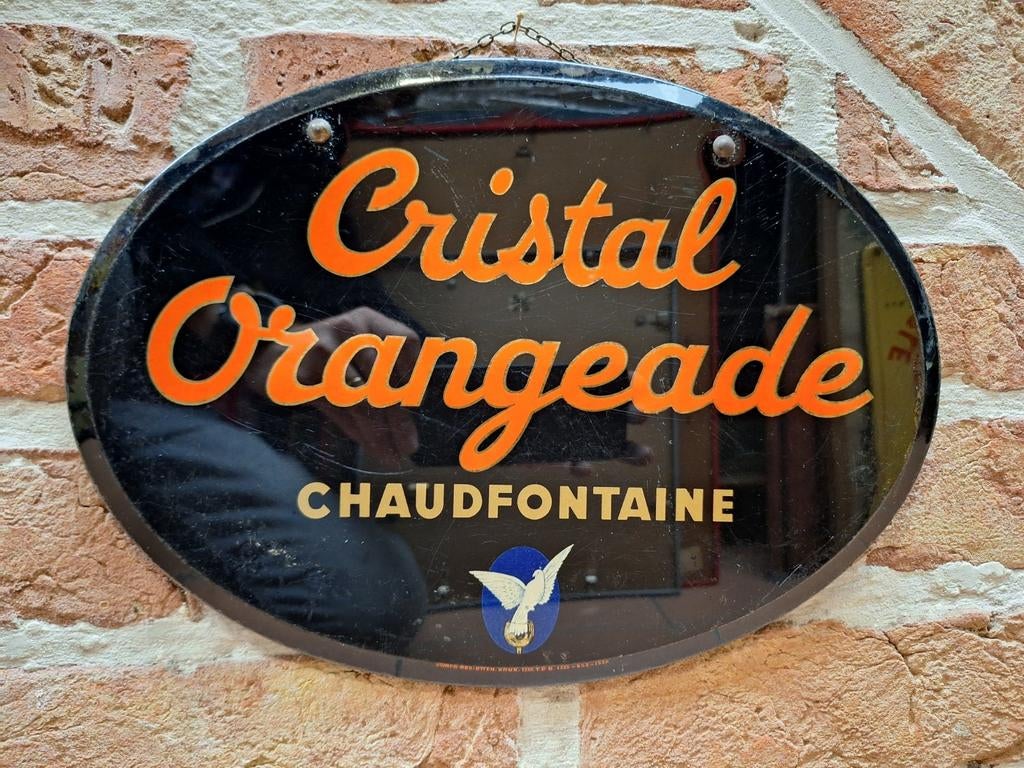 Enseigne publicitaire Chaudfontaine Cristal Orangeade 1938, Enlèvement ou Envoi, Utilisé, Panneau publicitaire