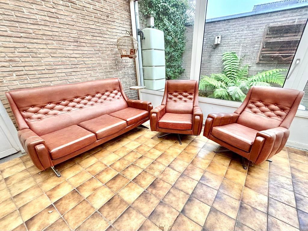 Vintage set in bruin skai leer, Huis en Inrichting, Zetels | Zetels, Ophalen, Zo goed als nieuw, Leer