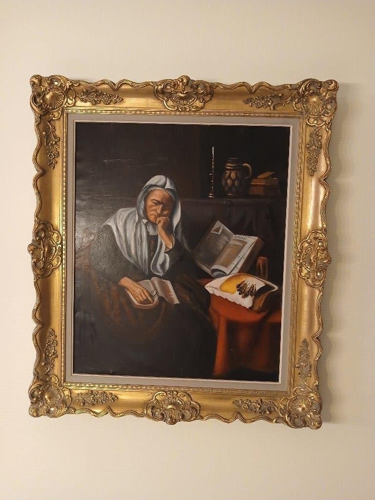 schilderij dame met boeken, Ophalen, Doek, Realistisch, Olieverf