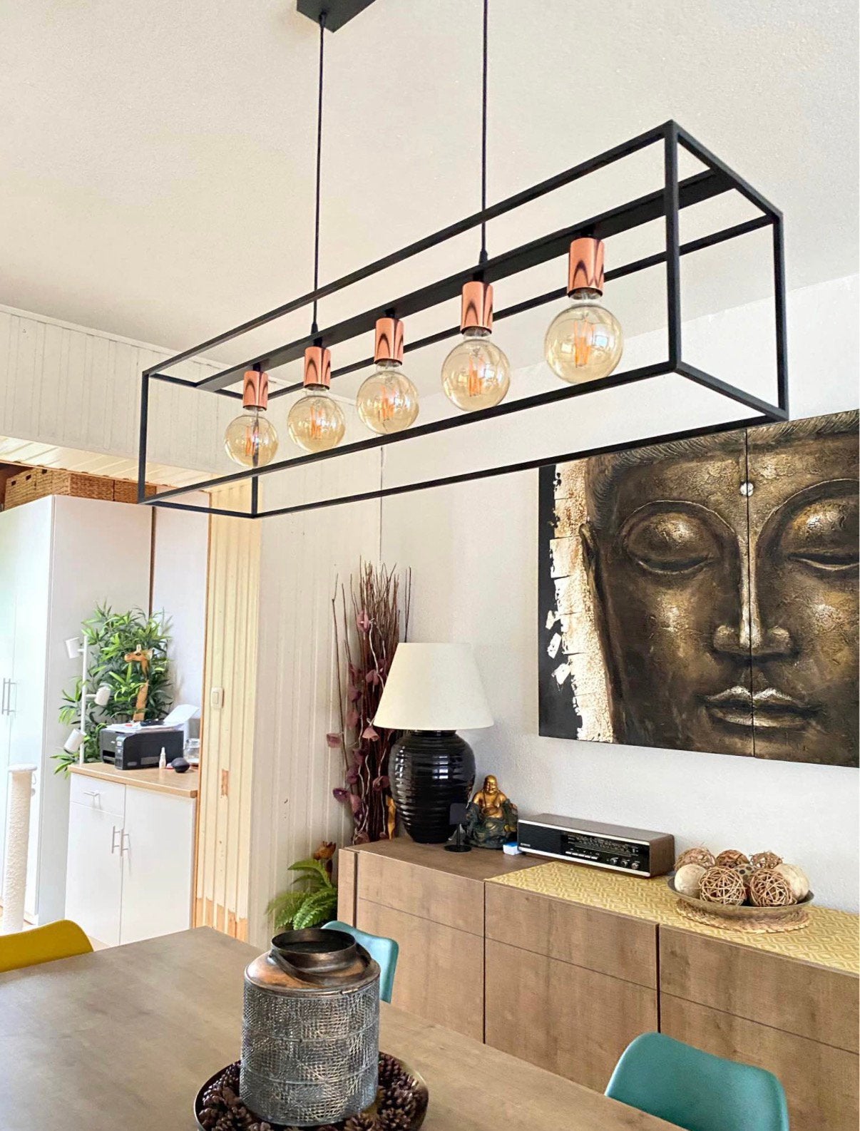 Suspension industrielle noire 5 lumières – ampoules incluses, Maison & Meubles, Enlèvement, Comme neuf