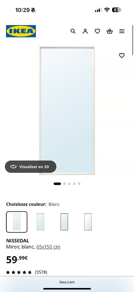 Miroir blanc IKEA NISSEDAL (65150 cm) – État Neuf, Ophalen, Zo goed als nieuw, 150 tot 200 cm, Rechthoekig