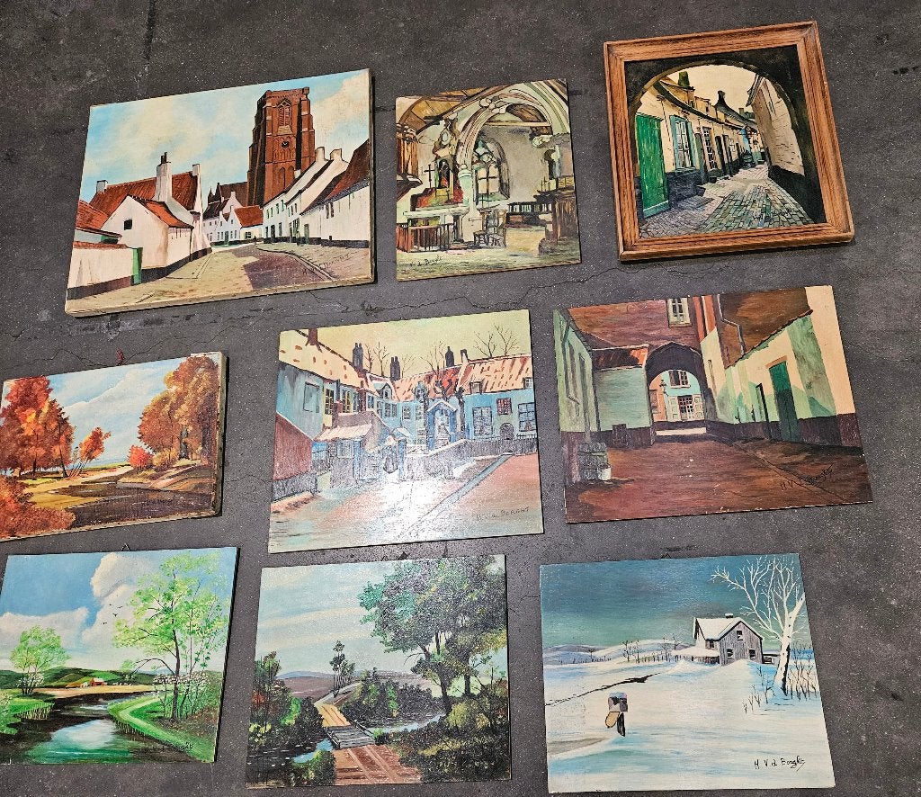 9x begijnhof lier + 4 seizoenen- olie op board en doek, 30 cm, 1950 - 1999, Overige technieken, Ophalen of Verzenden