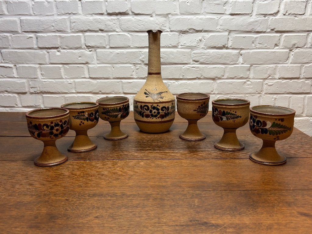 Vintage Mexicaanse Tonalá Aardewerk Set – Karaf + 6 Kelken –, Antiek en Kunst, Ophalen of Verzenden
