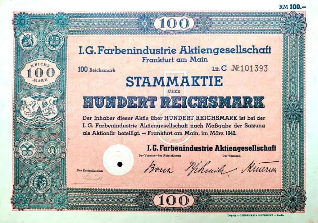 Origineel IG FARBEN (Zyklon B) 1940 aandeel!, Timbres & Monnaies, Actions & Titres, Enlèvement ou Envoi, 1920 à 1950, Action