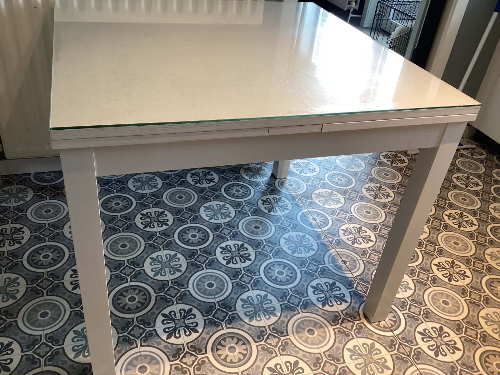 Wit uittrek tafel van 90x90 + 45 cm extra, Ophalen, 50 tot 100 cm, Vierkant, 50 tot 100 cm