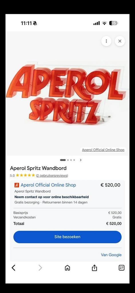 Verlichting Aperol Spritz, 50 à 250 watts, Comme neuf, Synthétique, Enlèvement