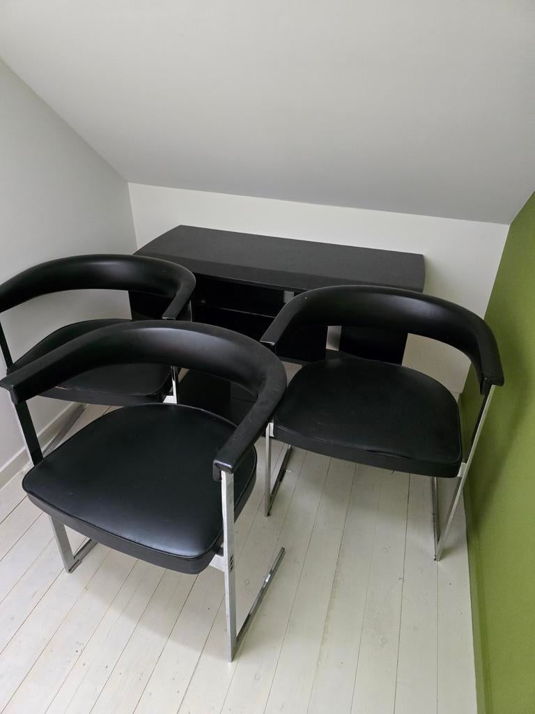 Vintage stoelen, Huis en Inrichting, Stoelen, Gebruikt, Drie, Zwart, Leer