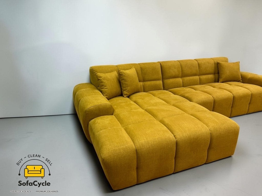 Goossens Opulent hoekzetel geel XL 342 cm – nieuw, Gebruikt, Zonnestraat 223-229, 9600 Ronse, België, Info@sofacycle.be, SofaCycle VOF