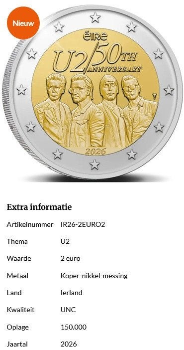U2 Herdenkingsmunt ! voorverkoop !, Ophalen of Verzenden, Ierland, 2 euro, Losse munt